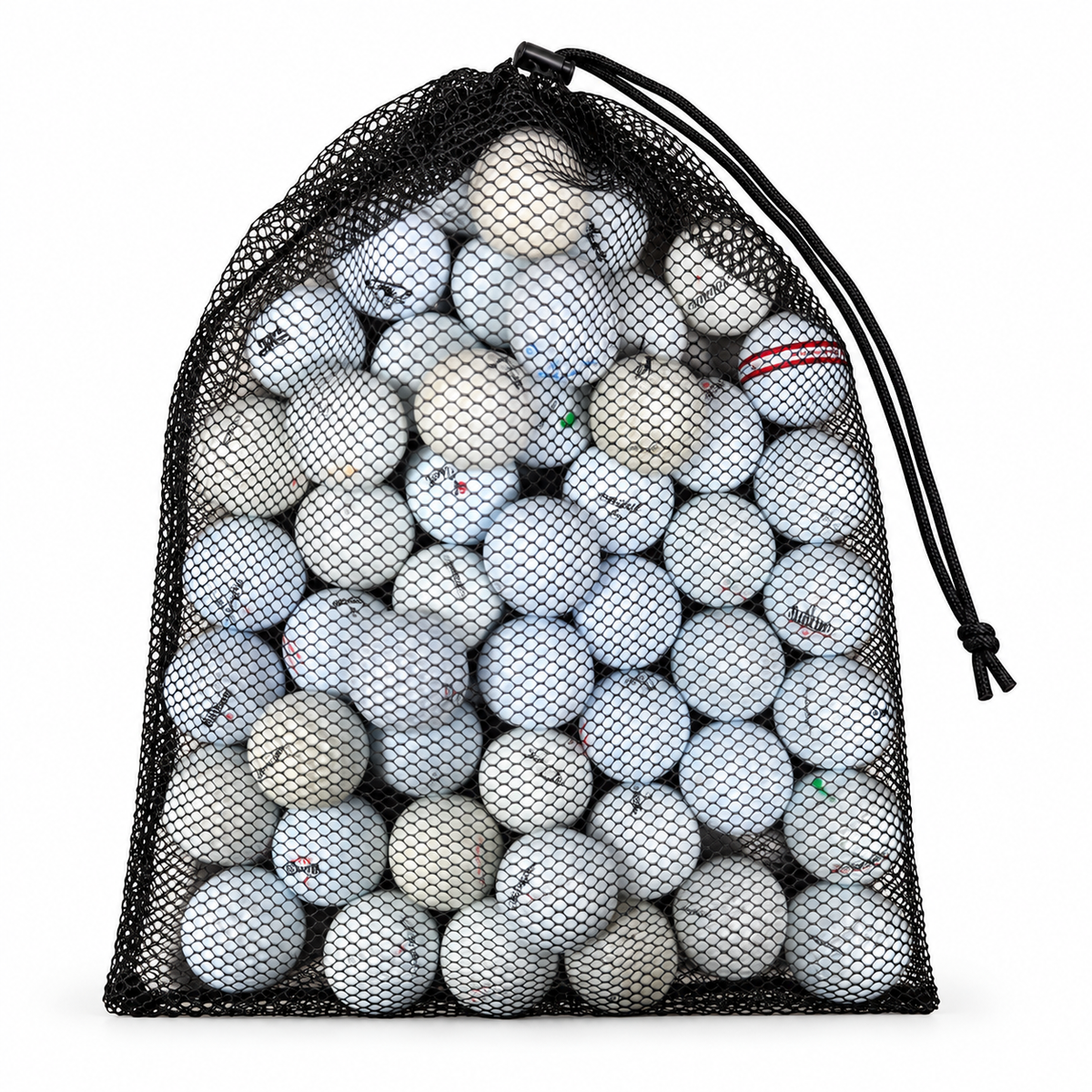 Black mesh drawstring bag filled with assorted white value-brand golf balls