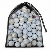 Black mesh drawstring bag filled with assorted white value-brand golf balls
