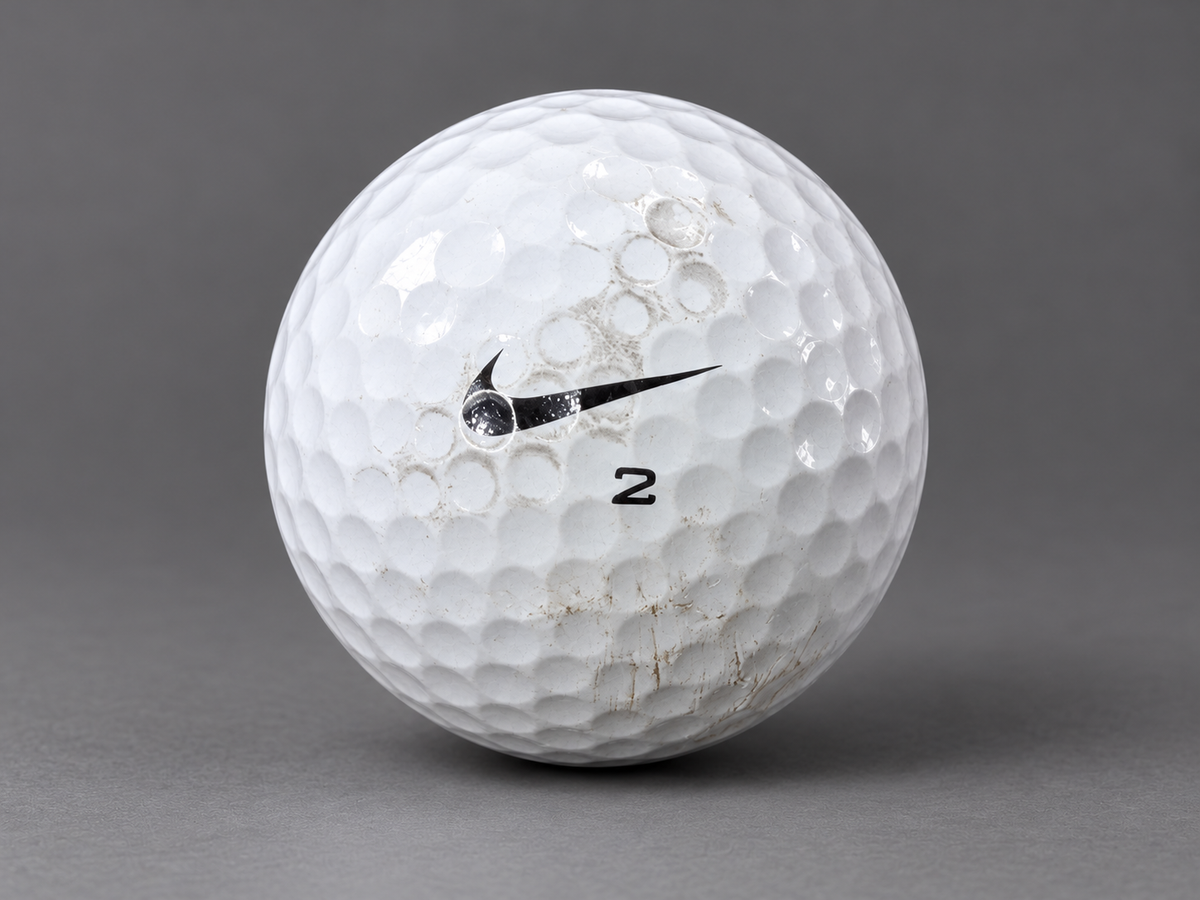 Used white Nike golf ball with scuffs on a graphite surface