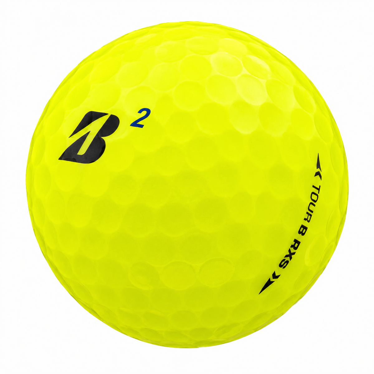 Bridgestone Tour B RXS golf ball in yellow, showing the logo and number