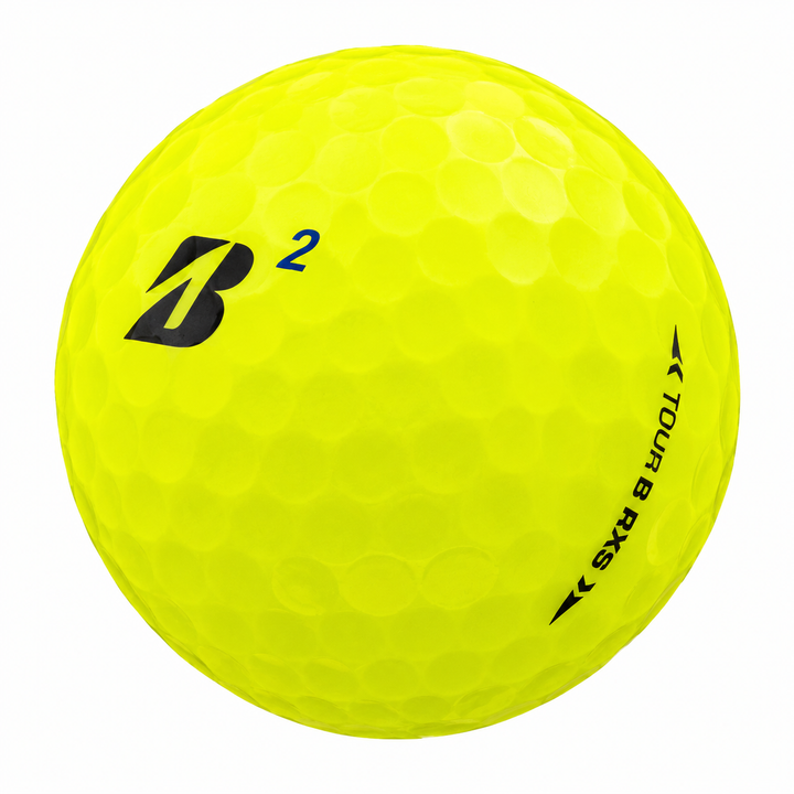 Bridgestone Tour B RXS golf ball in yellow, showing the logo and number