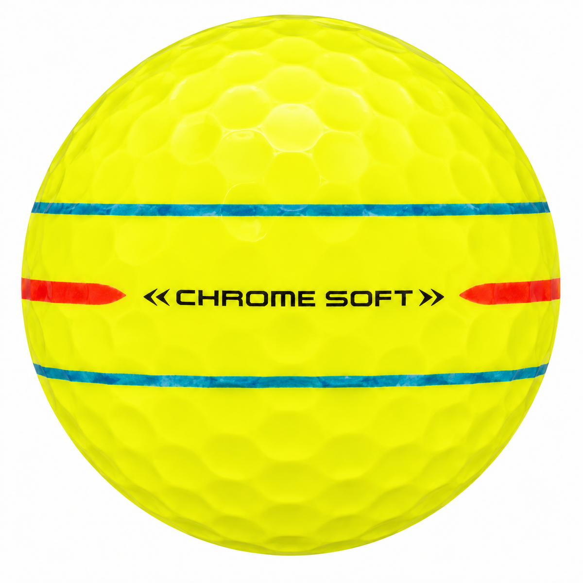Callaway Chrome Soft Triple Track golf ball in yellow, showing the red and green Triple Track alignment lines
