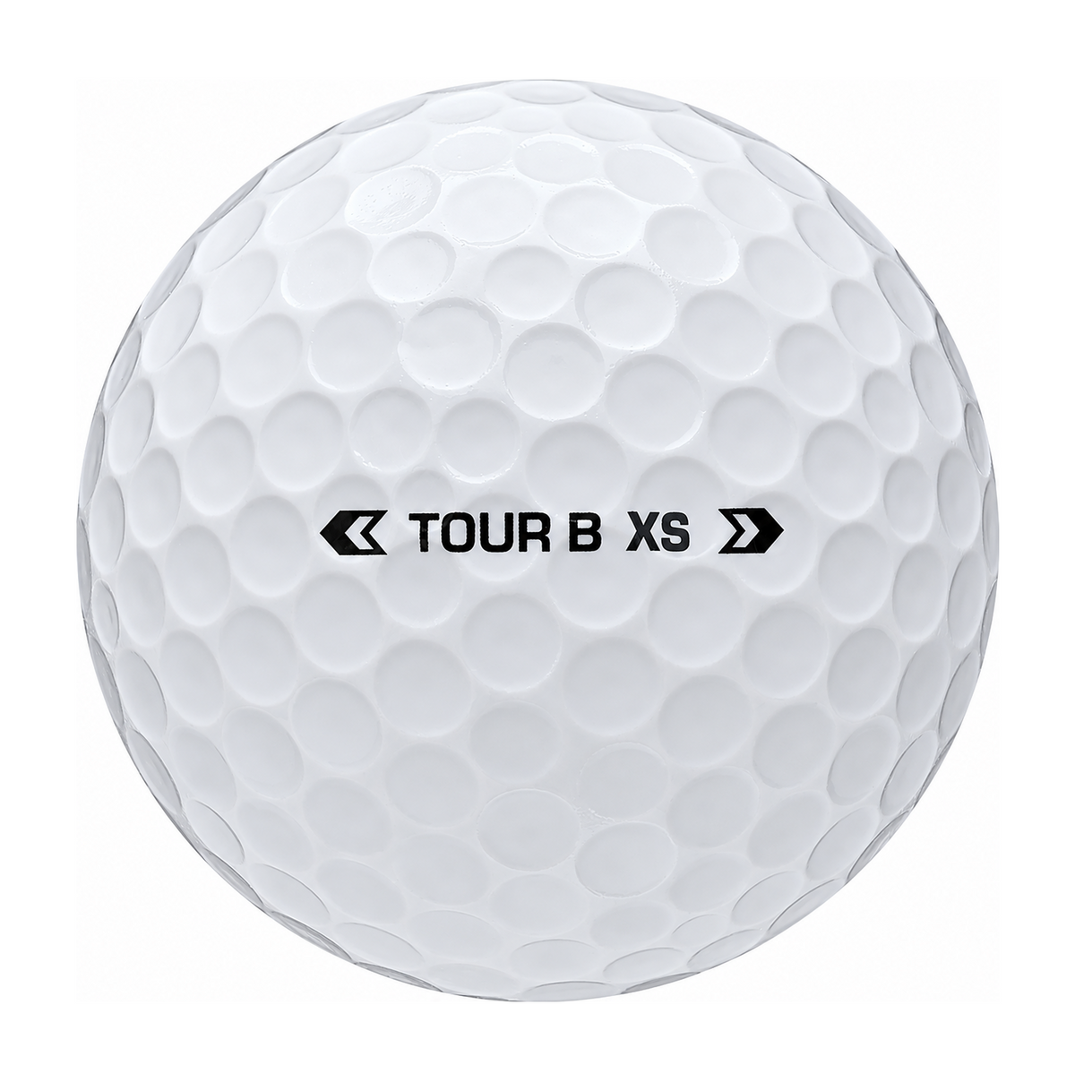 Bridgestone Tour B XS golf ball in white, showing the side stamp and alignment line