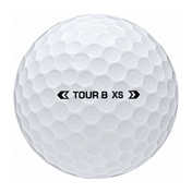 Bridgestone Tour B XS golf ball in white, showing the side stamp and alignment line