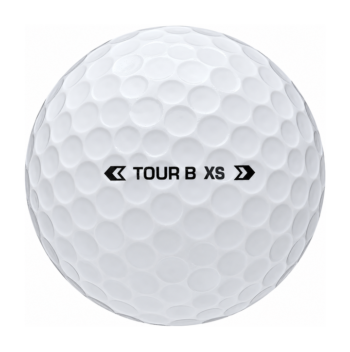 Bridgestone Tour B XS golf ball in white, showing the side stamp and alignment line
