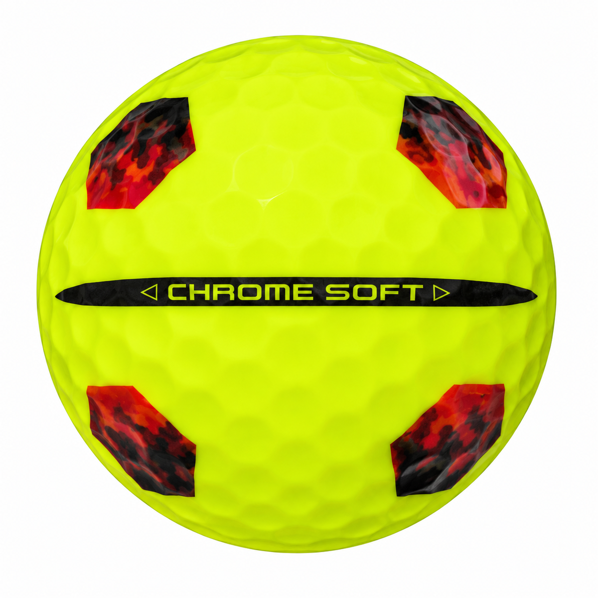Callaway Chrome Soft Truvis golf ball in yellow with red flame panels, showing the alignment stamp