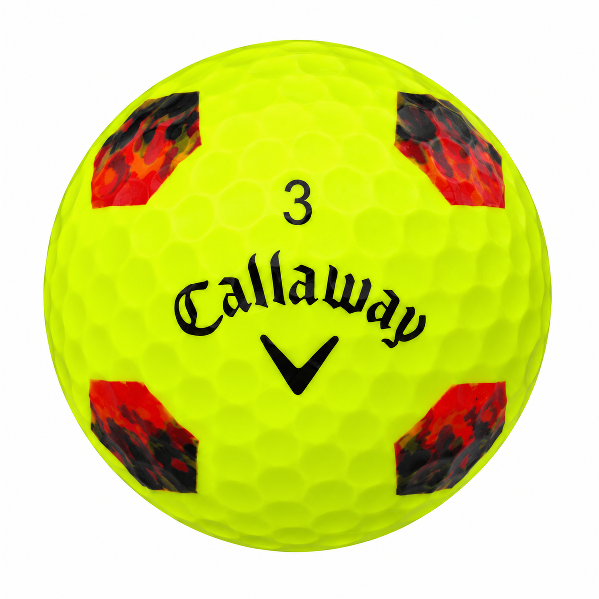 Callaway Chrome Soft Truvis golf ball in yellow with red flame panels, showing the logo