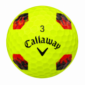 Callaway Chrome Soft Truvis golf ball in yellow with red flame panels, showing the logo