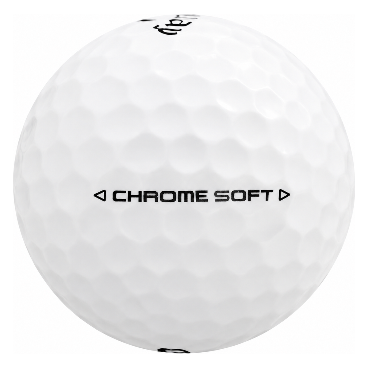 Callaway Chrome Soft golf ball in white, showing the side stamp and alignment line