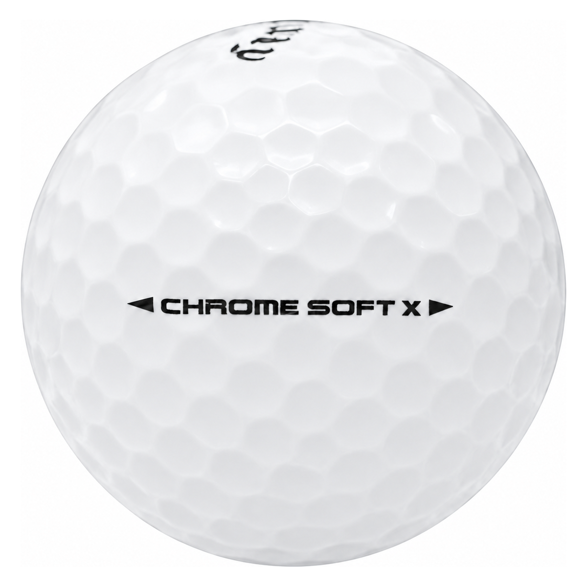 Callaway Chrome Soft X golf ball in white, showing the side stamp and alignment line