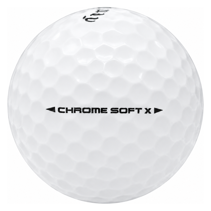 Callaway Chrome Soft X golf ball in white, showing the side stamp and alignment line