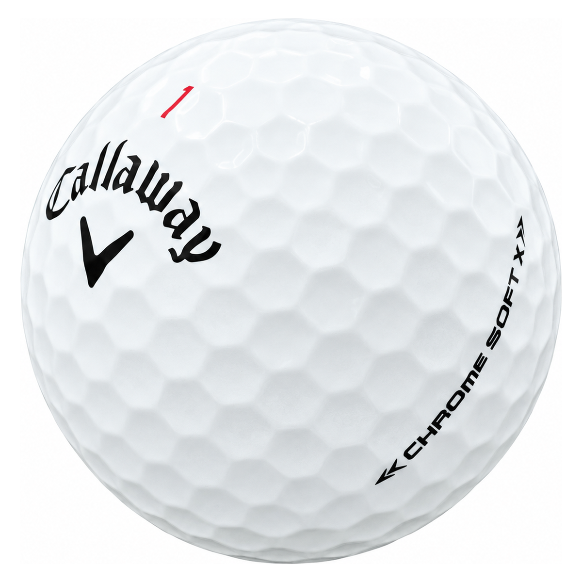 Callaway Chrome Soft X golf ball in white, showing the logo and number