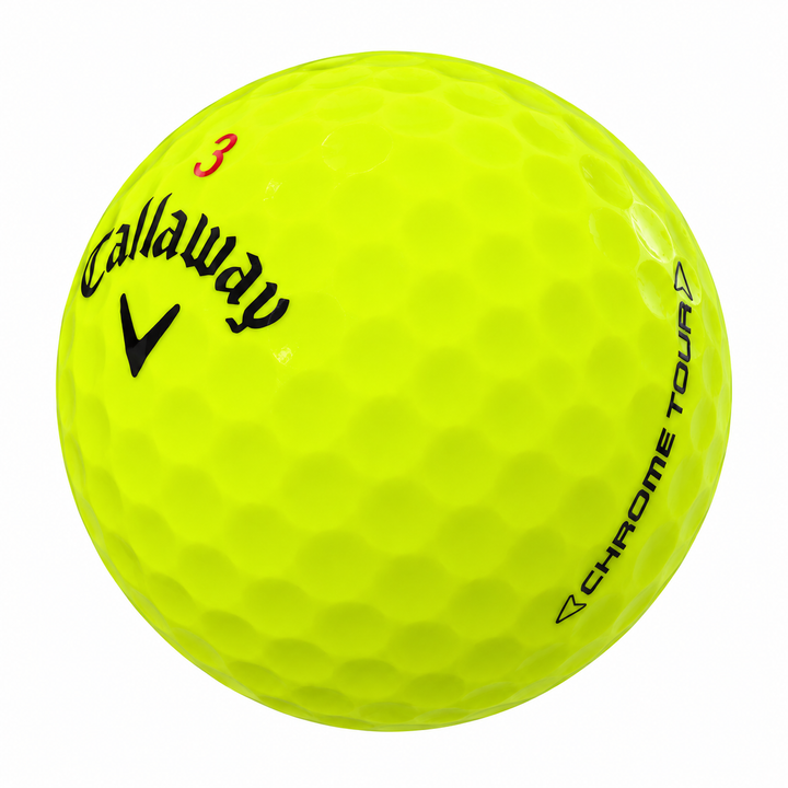 Callaway Chrome Tour golf ball in yellow, showing the logo and number