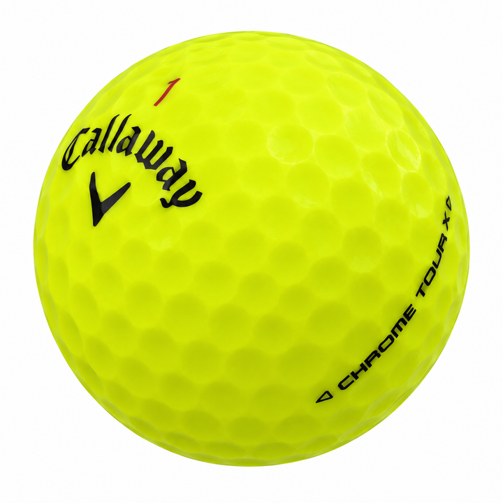 Callaway Chrome Tour X golf ball in yellow, showing the logo and number