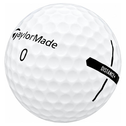 TaylorMade Distance+ golf ball in white, showing the logo and number