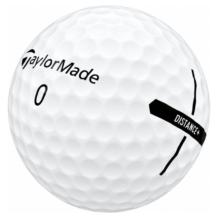 TaylorMade Distance+ golf ball in white, showing the logo and number