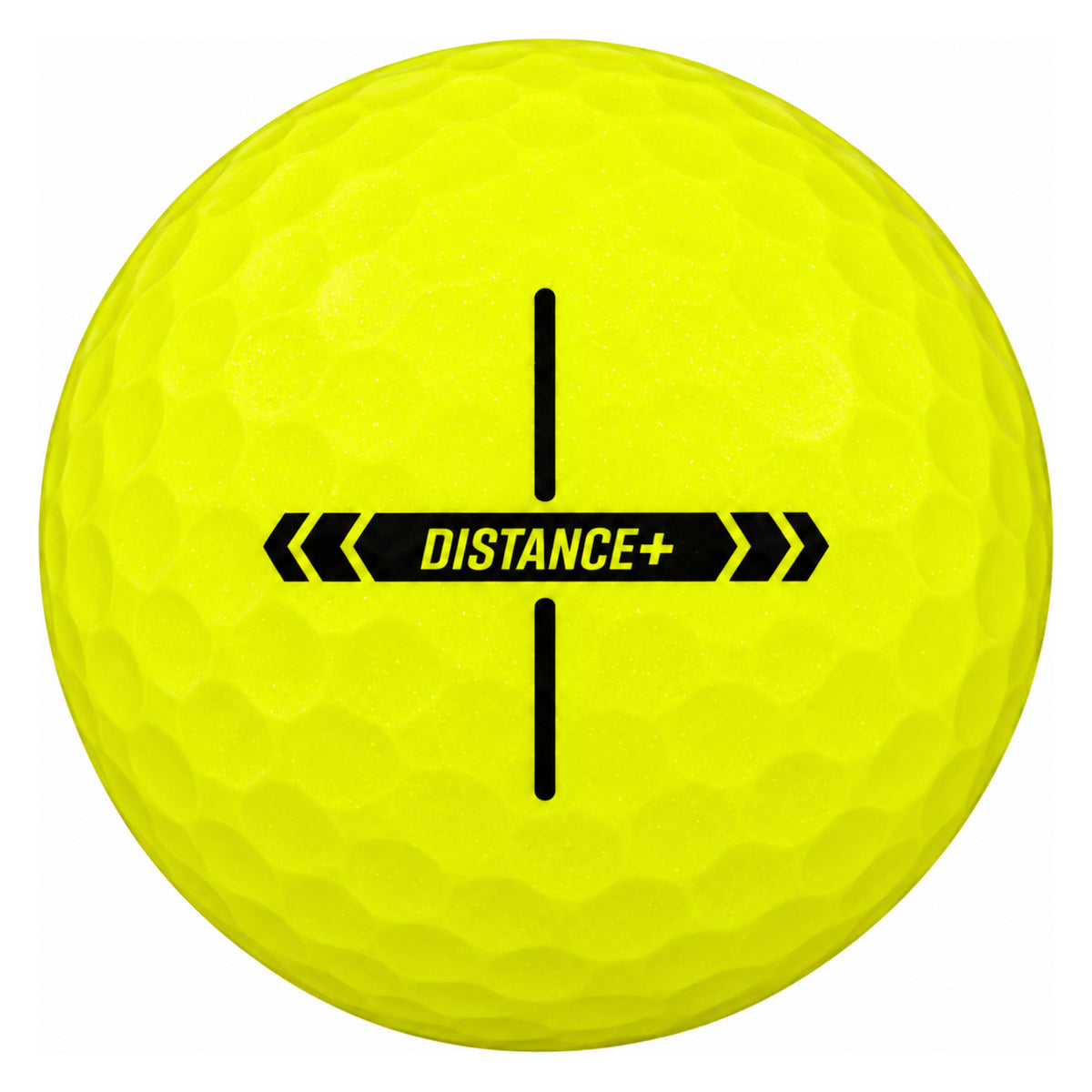 TaylorMade Distance+ golf ball in yellow, showing the cross-shaped alignment stamp