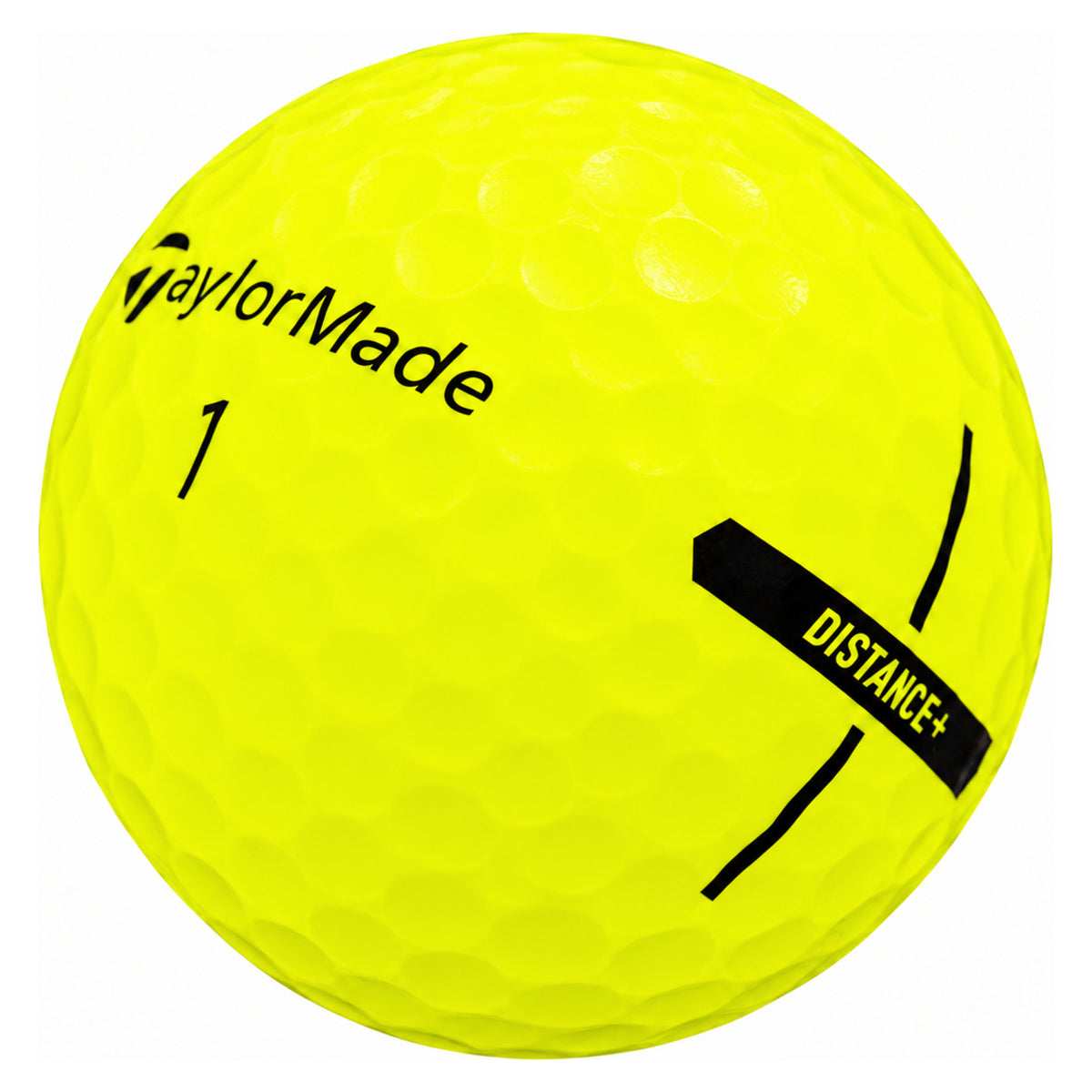 TaylorMade Distance+ golf ball in yellow, showing the logo and number