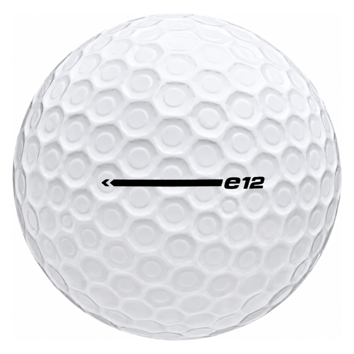 Bridgestone e12 golf ball in white, showing the side stamp and alignment line