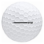 Bridgestone e12 golf ball in white, showing the side stamp and alignment line
