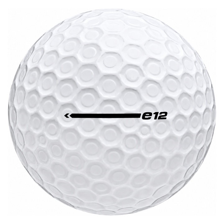 Bridgestone e12 golf ball in white, showing the side stamp and alignment line
