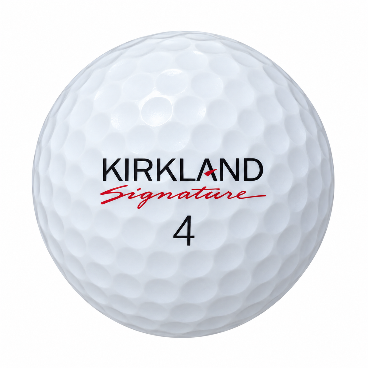 Kirkland Signature golf ball in white, front view of the logo