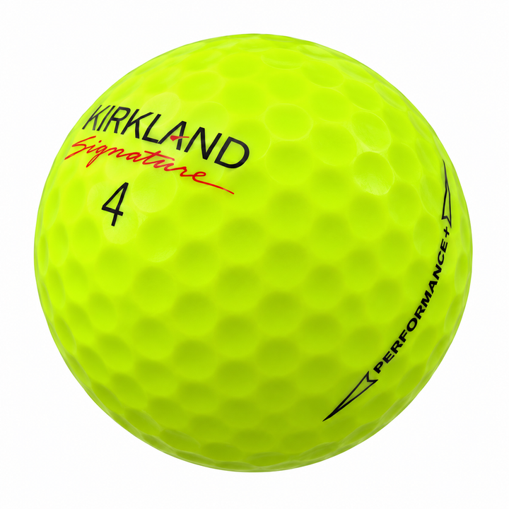 Kirkland Signature golf ball in yellow, showing the logo and number