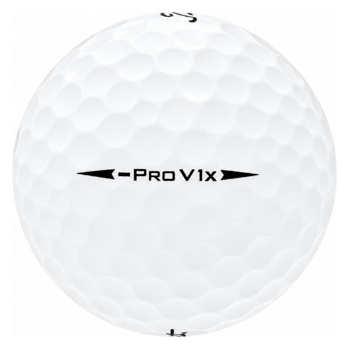 Titleist Pro V1x Left Dash golf ball in white, showing the side stamp and alignment line