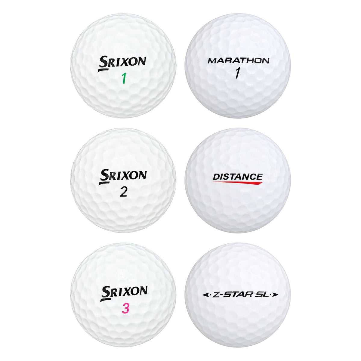 Six assorted white Srixon golf balls, including Marathon, Distance and Z-Star, in a two-by-three grid