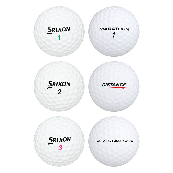 Six assorted white Srixon golf balls, including Marathon, Distance and Z-Star, in a two-by-three grid