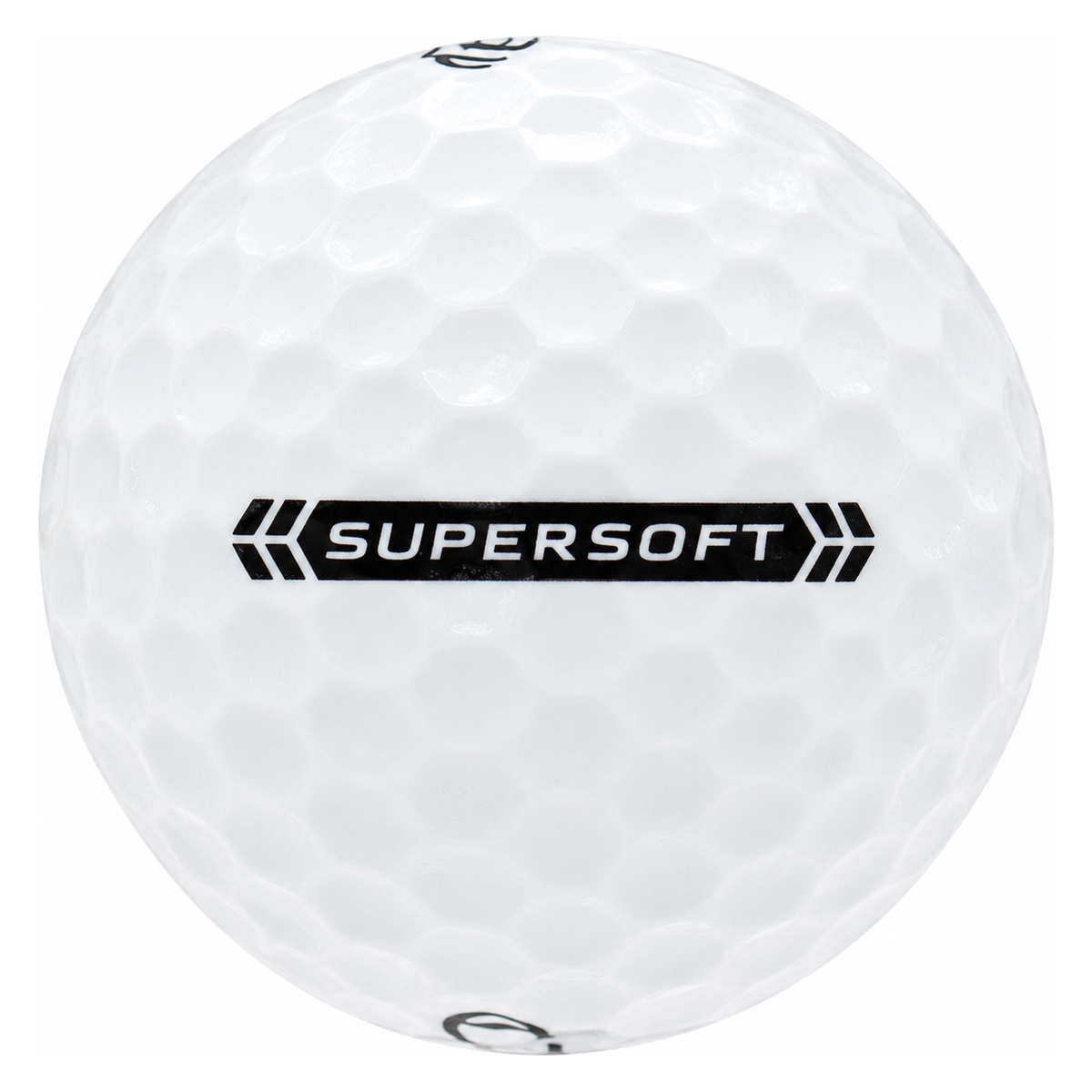 Callaway Supersoft golf ball in white, showing the side stamp and alignment line