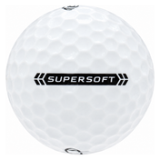 Callaway Supersoft golf ball in white, showing the side stamp and alignment line