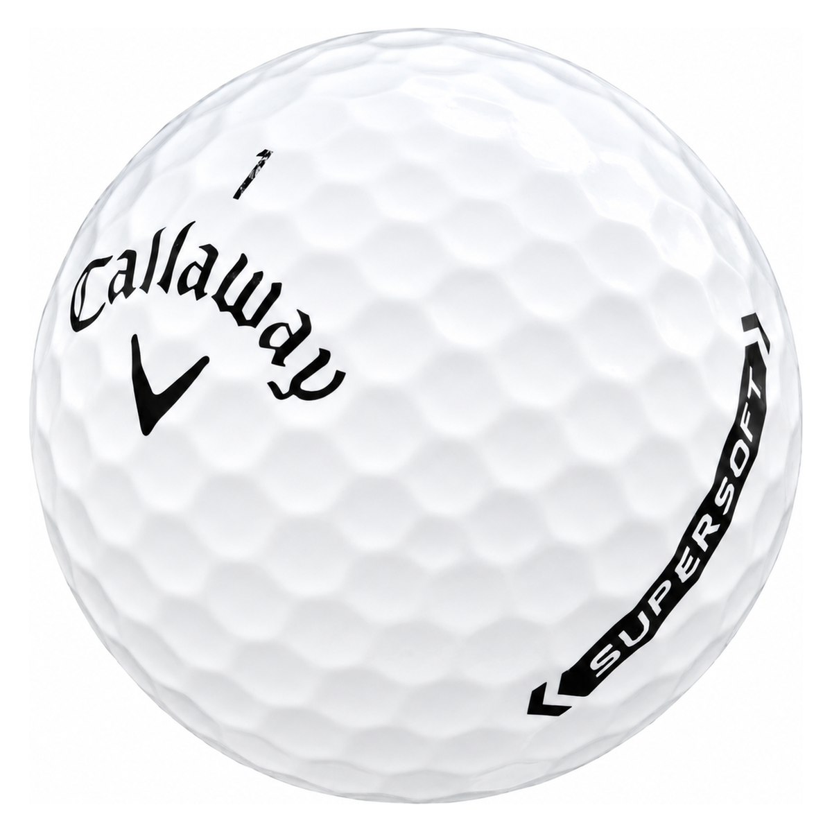 Callaway Supersoft golf ball in white, showing the logo and number