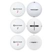 Six assorted white TaylorMade golf balls, including Distance+ and RBZ, in a two-by-three grid