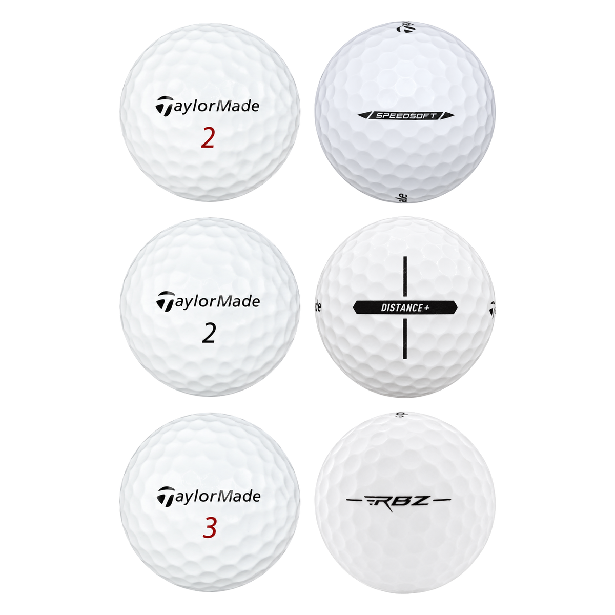Six assorted white TaylorMade golf balls, including Distance+ and RBZ, in a two-by-three grid