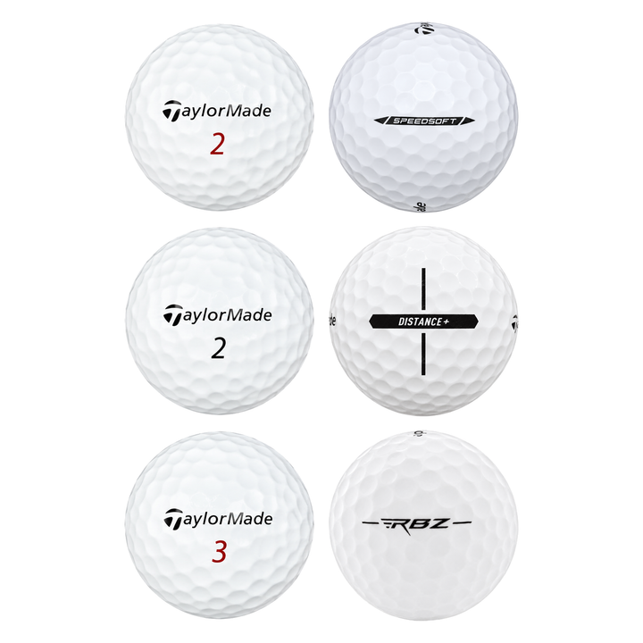 Six assorted white TaylorMade golf balls, including Distance+ and RBZ, in a two-by-three grid