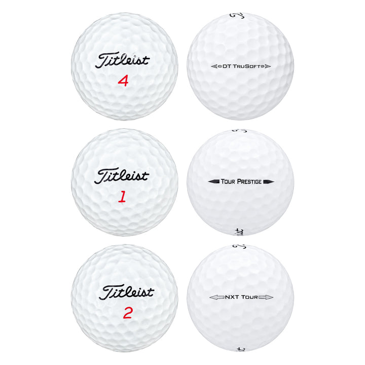 Six assorted white Titleist golf balls, including NXT Tour and Tour Prestige, in a two-by-three grid