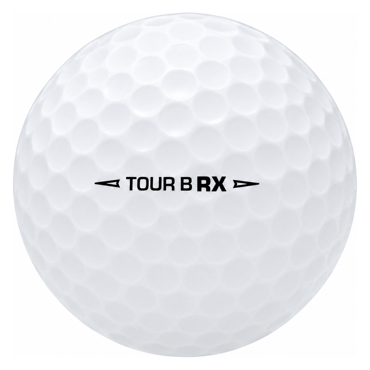 Bridgestone Tour B RX golf ball in white, showing the side stamp and alignment line