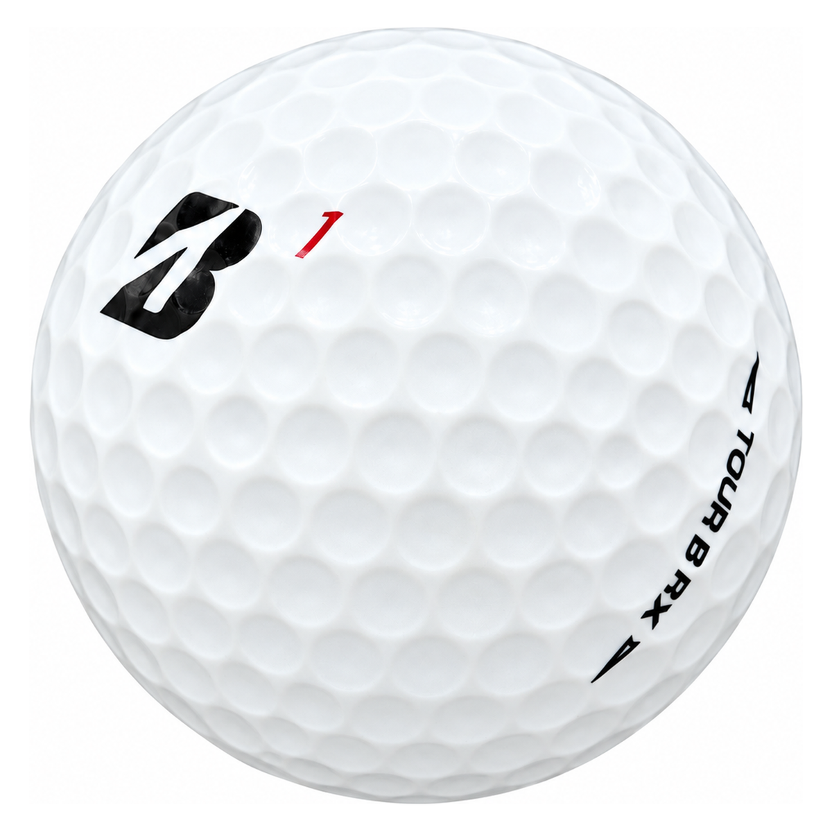 Bridgestone Tour B RX golf ball in white, showing the logo and number