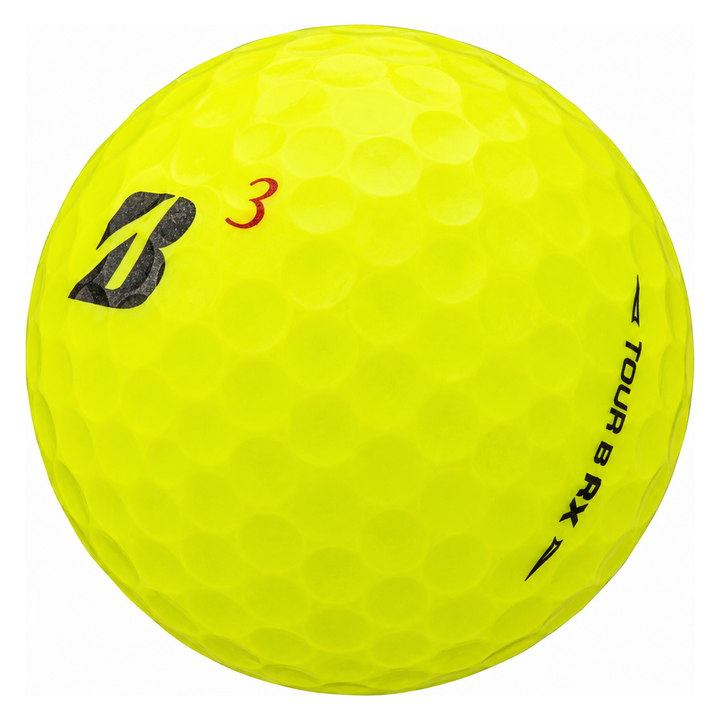 Bridgestone Tour B RX golf ball in yellow, showing the logo and number