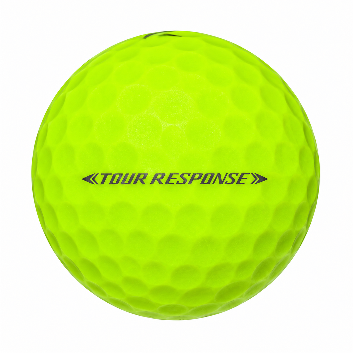 TaylorMade Tour Response golf ball in yellow, showing the side stamp and alignment line