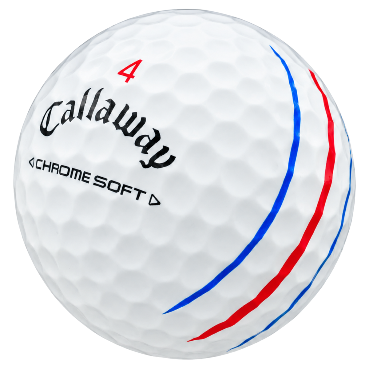 Callaway Chrome Soft Triple Track golf ball in white, showing the logo and the red and blue Triple Track lines