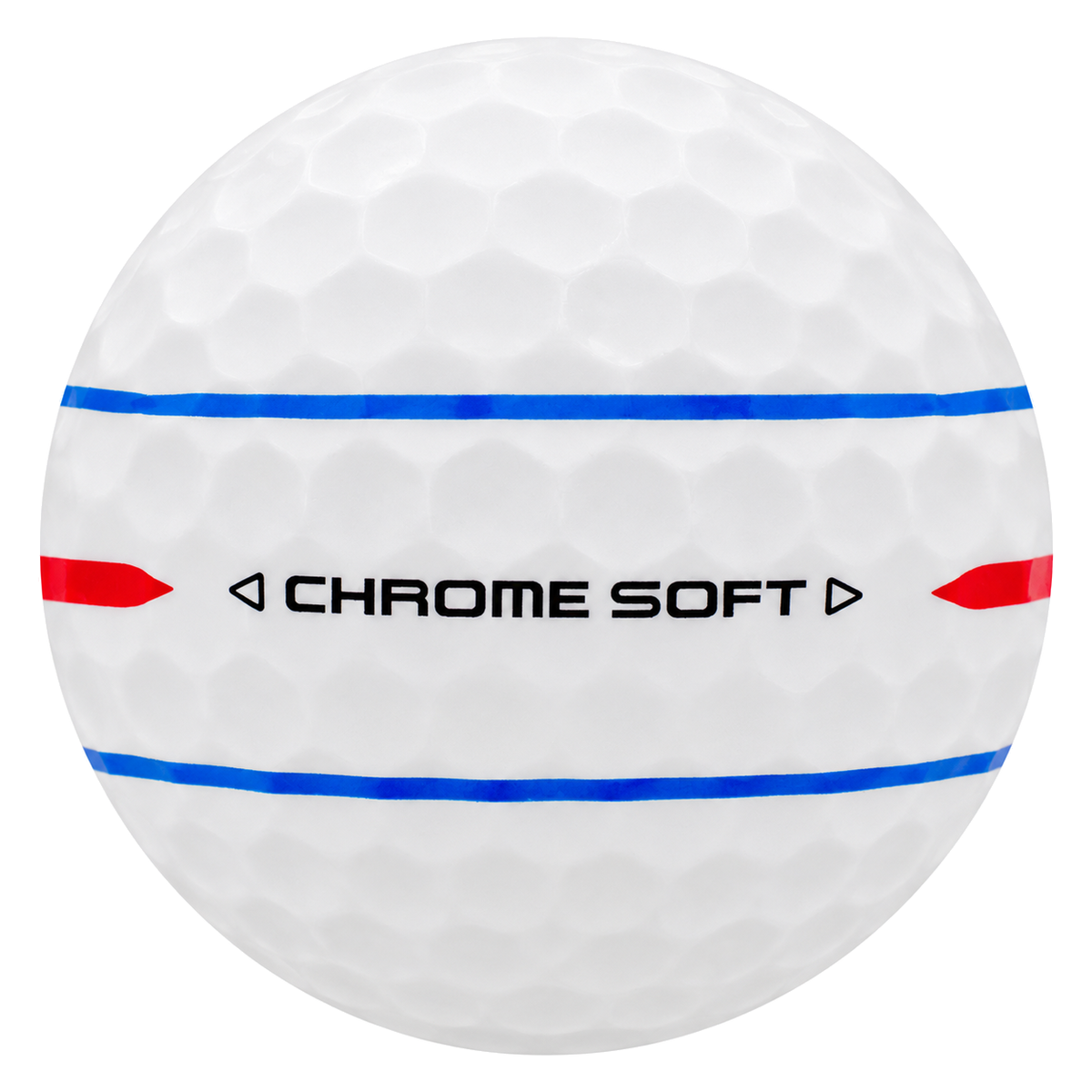 Callaway Chrome Soft Triple Track golf ball in white, showing the red and blue Triple Track alignment lines