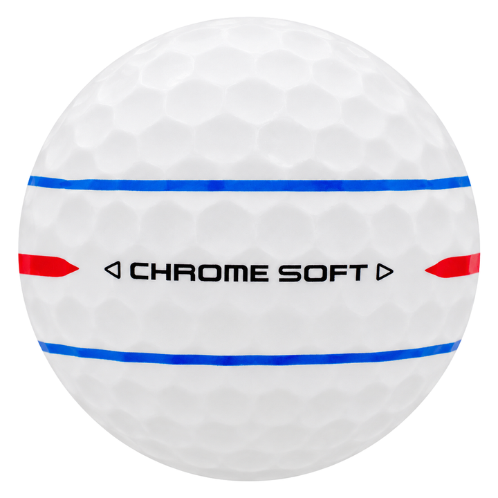 Callaway Chrome Soft Triple Track golf ball in white, showing the red and blue Triple Track alignment lines