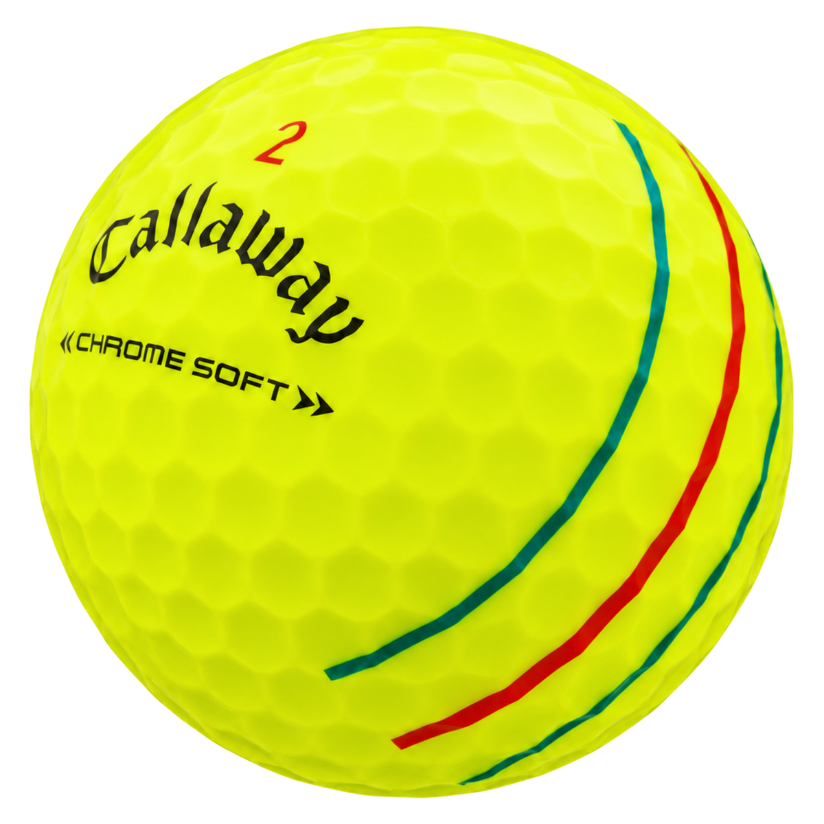 Callaway Chrome Soft Triple Track golf ball in yellow, showing the logo and the red and green Triple Track lines