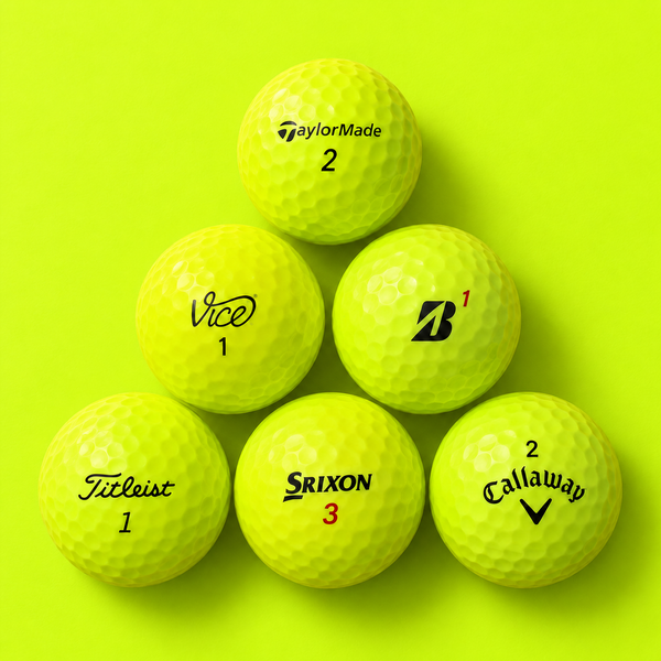 Six yellow golf balls from TaylorMade, Vice, Bridgestone, Titleist, Srixon and Callaway stacked in a pyramid on a bright yellow background